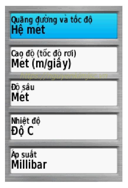 Các đơn vị đo lường của máy Garmin 64SX