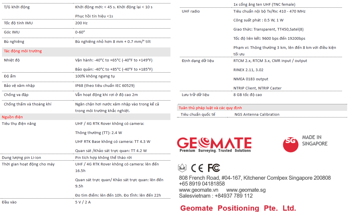 Thông số kĩ thuật máy đo RTK Geomate SG6